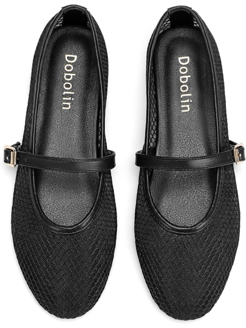 Women's Black Comfortable Round Toe Buckle Strap Breathable Mesh Design Flats